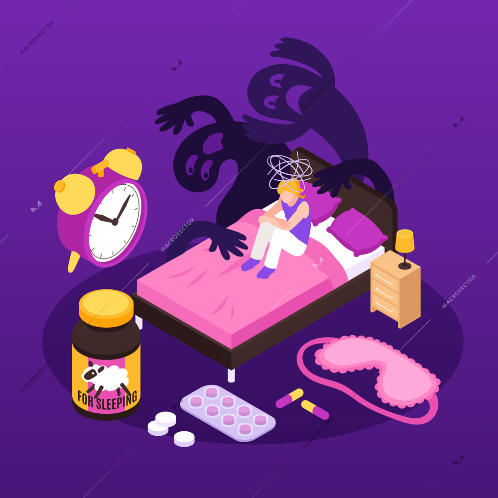 Healthy sleep concept with dream and insomnia symbols isometric vector illustration