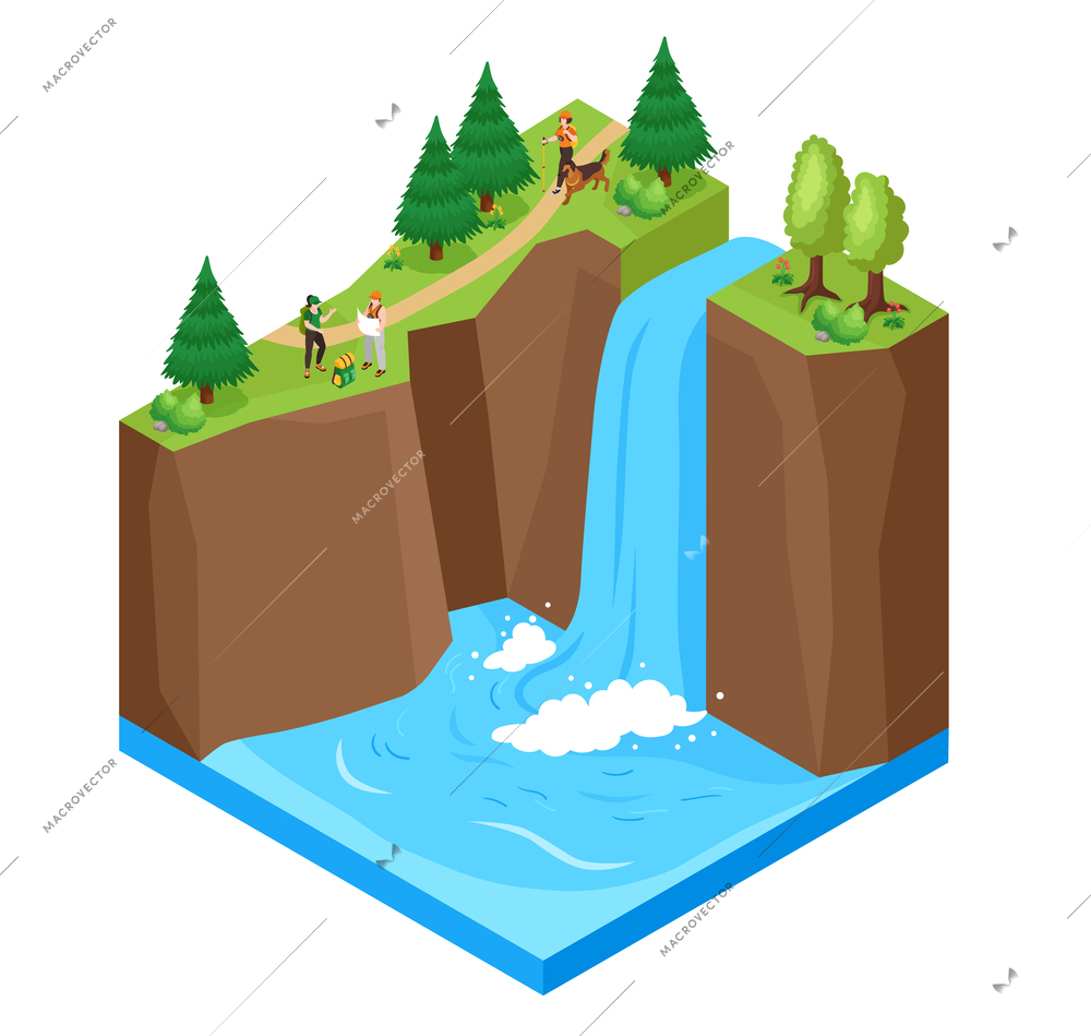 Waterfall scenery concept with national park sight symbols isometric vector illustration