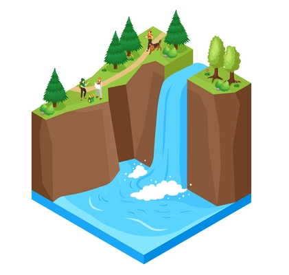 Waterfall scenery concept with national park sight symbols isometric vector illustration