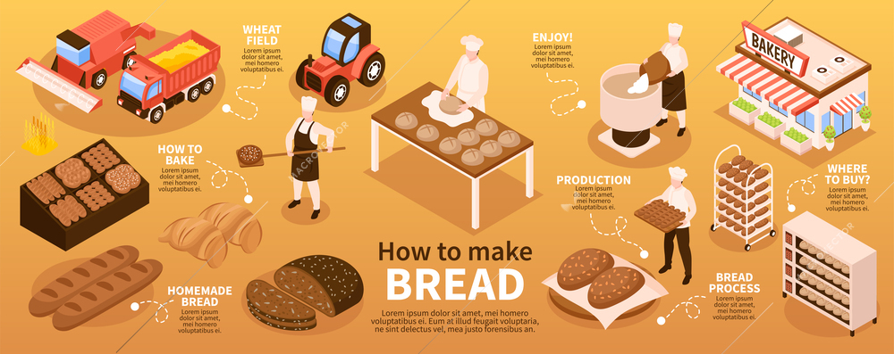 Bread production infographic set with homemade bread symbols isometric vector illustration