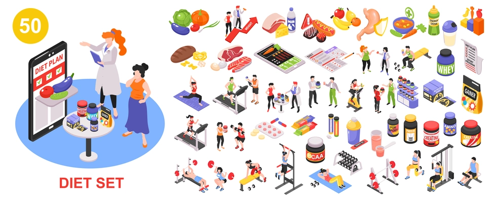 Nutrition and fitness big set with sports symbols isometric isolated vector illustration