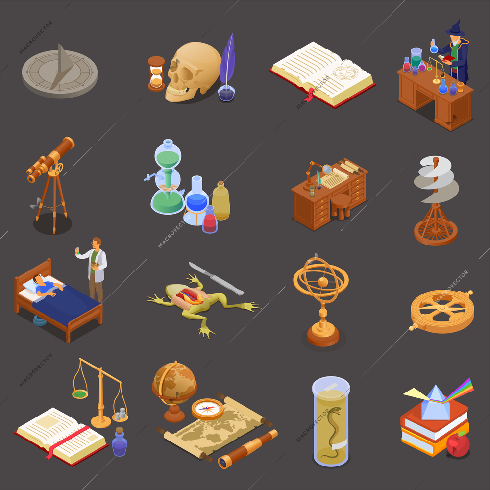 Ancient science icons set with alchemy and biology symbols isometric isolated vector illustration