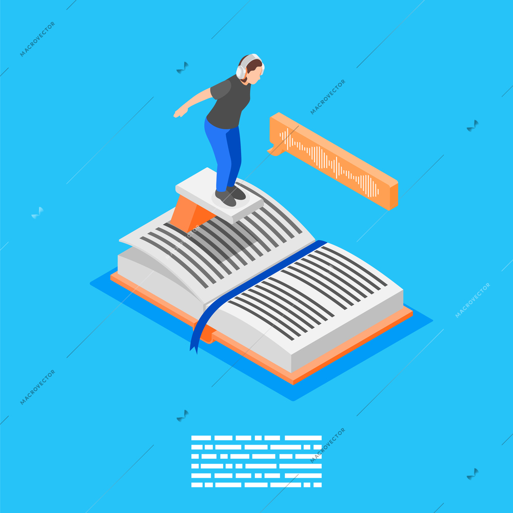 Audio books isometric background with composition of female character on trampoline on top of open book vector illustration