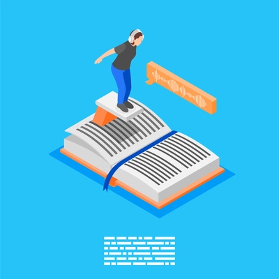 Audio books isometric background with composition of female character on trampoline on top of open book vector illustration