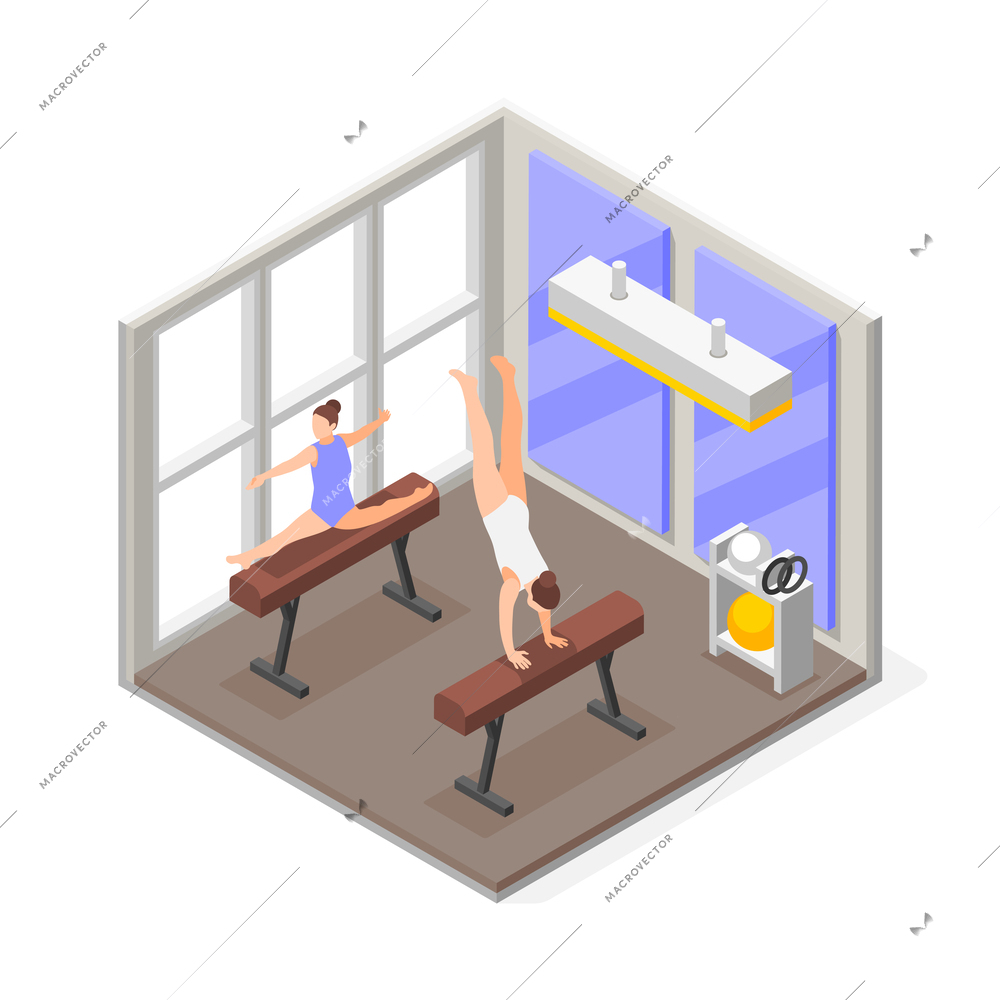 Gymnastics isometric composition with indoor view of gym venue with standing bucks and practicing female characters vector illustration