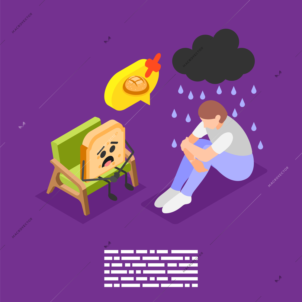 Gluten intolerance isometric background composition with human character under rainy cloud and sad face on bread vector illustration