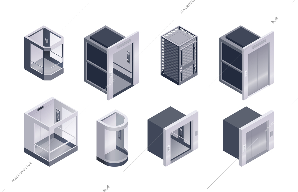 Passenger elevator isometric set of different form objects with transparent or metal doors and walls and isolated on white background vector illustration