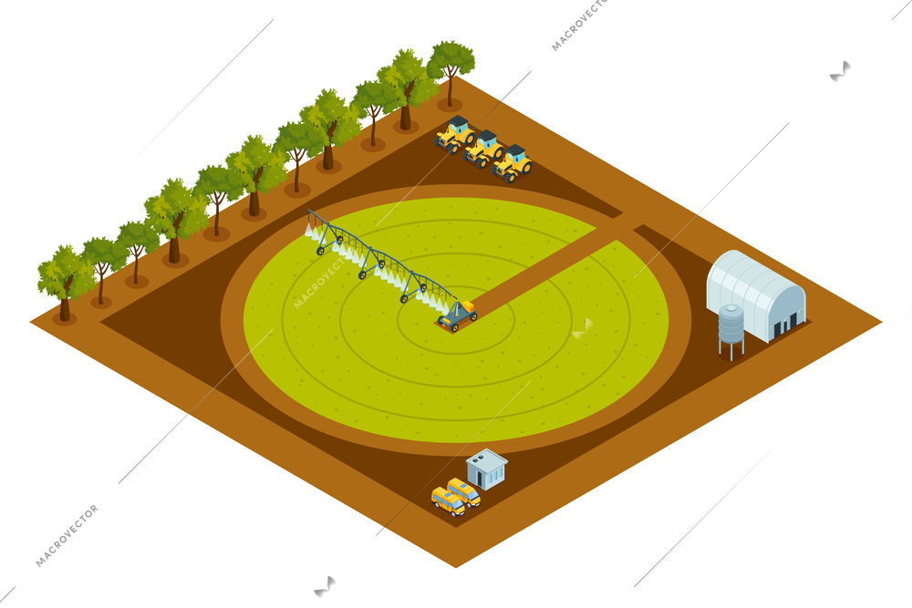 Circular irrigation system isometric composition with device on wheels moving across field isolated on white background vector illustration