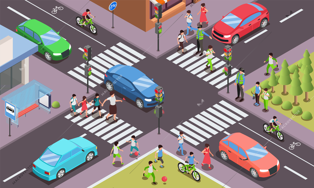 Children road safety rules isometric composition with outdoor view of city roads intersection with cars pedestrians vector illustration