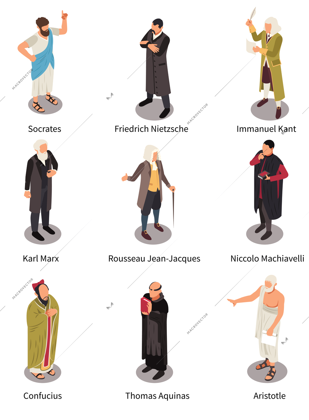 Famous philosophers isometric set with nine isolated human characters of ancient and vintage sophists with text vector illustration
