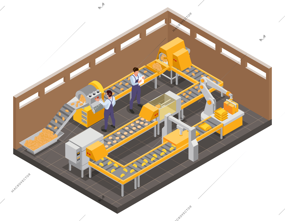 Potato chips production isometric composition with isolated view of factory unit with moving line and workers vector illustration