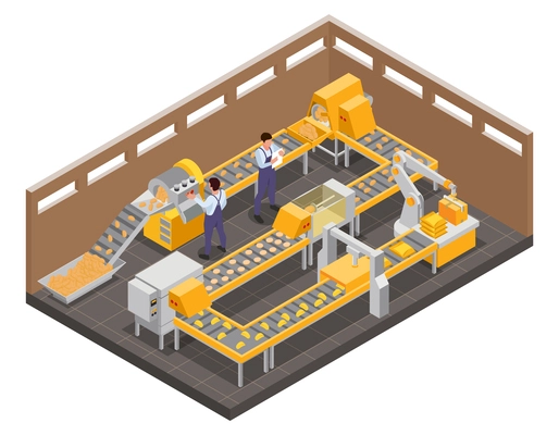 Potato chips production isometric composition with isolated view of factory unit with moving line and workers vector illustration