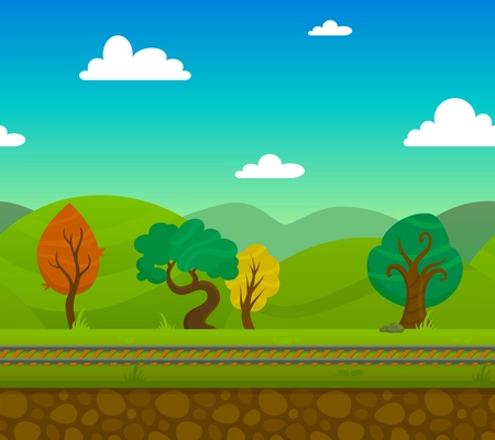 Railway game 2d landscape with trees and hills on background flat vector illustration