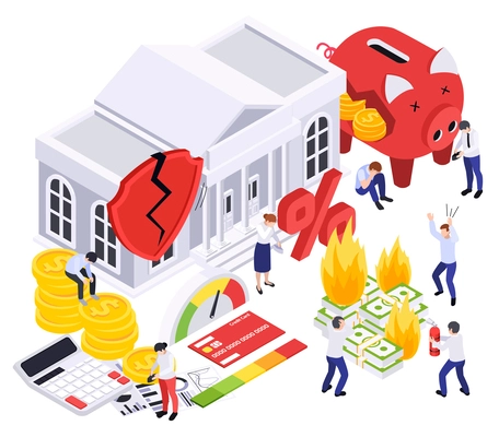 Financial crisis inflation isometric composition with classic building burning money broken piggy bank people in rush vector illustration