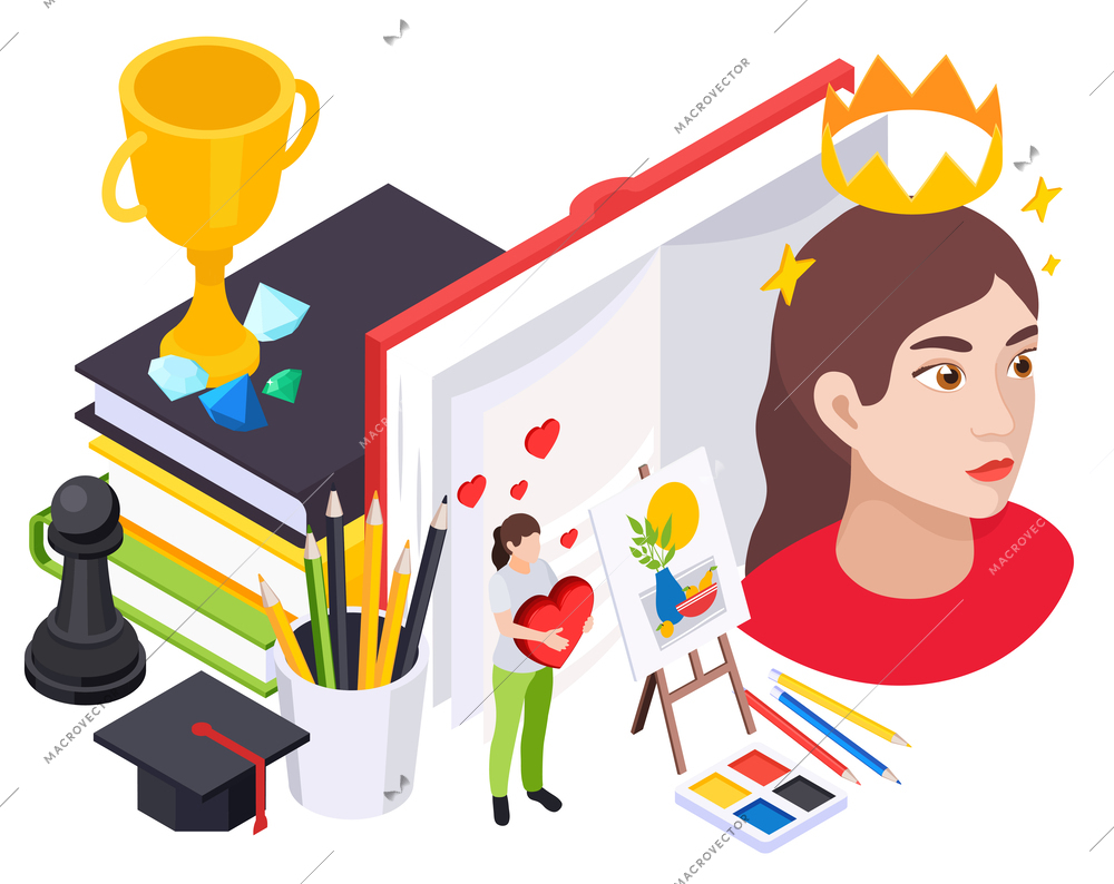 Sef esteem improvement composition of isometric icons with books drawing easel academic hat and female characters vector illustration