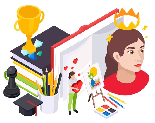 Sef esteem improvement composition of isometric icons with books drawing easel academic hat and female characters vector illustration