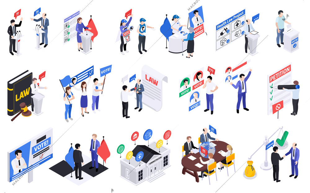 Politicians lawmakers isometric set with isolated compositions of icons voting petitions and human characters of officials vector illustration