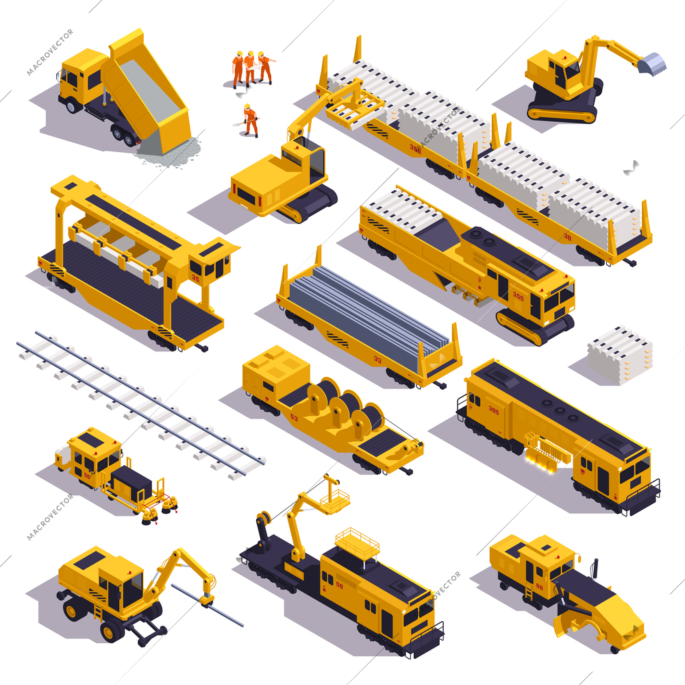 Isometric set of railroad track laying equipment vehicles construction materials and workers isolated 3d vector illustration