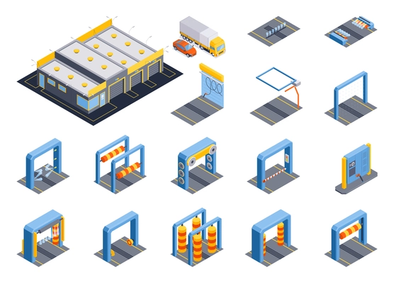 Isometric automated car washing set with isolated icons of platforms and frames with moving brushes rolls vector illustration