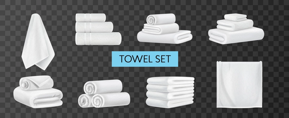 Set with realistic images of hanging towels twisted put into pyramids and stacks on transparent background vector illustration