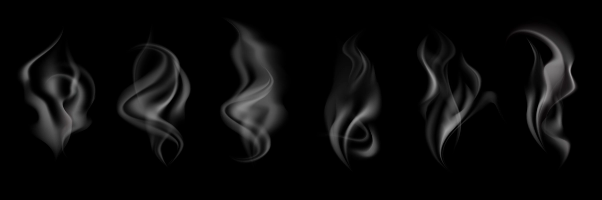 Black horizontal background with isolated steam or smoke abstract shapes realistic vector illustration