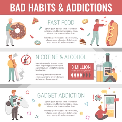 Bad habits infographics set with unhealthy addictions cartoon symbols vector illustration