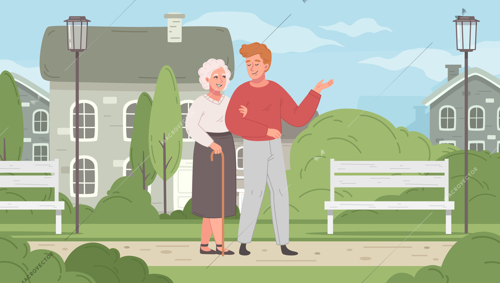 Elderly care cartoon with old woman walking in park vector illustration