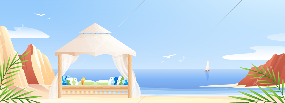 Flat beach landscape with wooden gazebo in background with blue sky and sea vector illustration