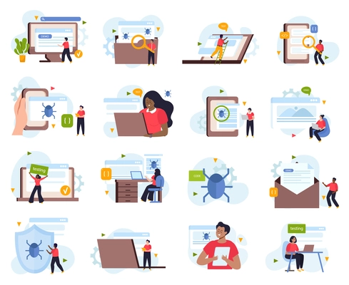 QA engineer icons set with software testing symbols flat isolated vector illustration