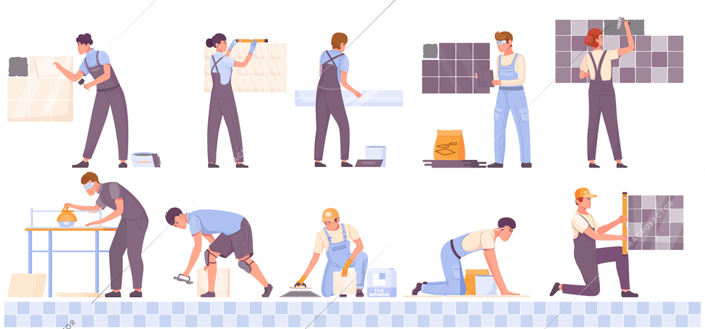 Male and female workers doing tiling work laying ceramic tiles flat set isolated vector illustration