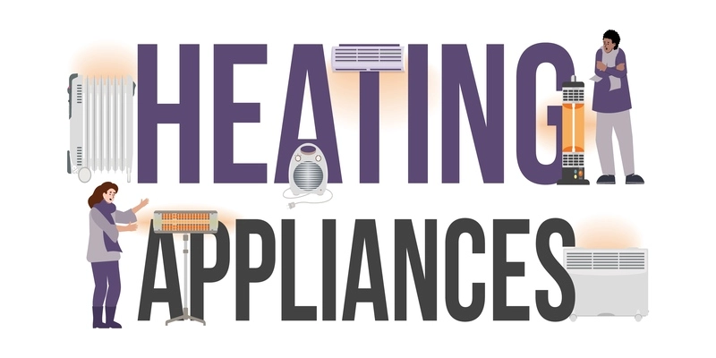 Heating appliances big text composition with flat icons of radiators and human characters wearing warm clothes vector illustration