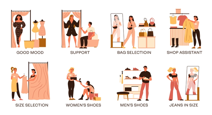 Fitting room compositions with male and female characters choosing and trying on new clothes bags shoes isolated vector illustration