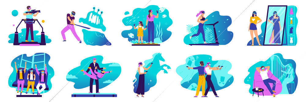 Virtual reality flat set of people wearing augmented reality glasses to get bright emotions isolated vector illustration