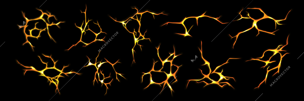 Realistic ground cracks set with isolated top view images of fire colored glowing fracture shapes branches vector illustration