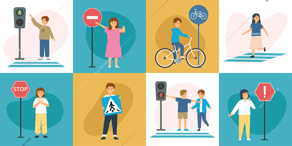 Children road rules set of square compositions with doodle characters of kids with traffic lights signs vector illustration