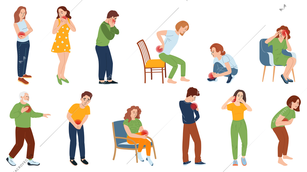 Physical pain and injury flat set of isolated icons with suffering people characters on blank background vector illustration