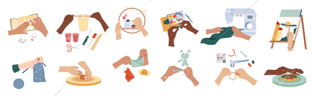 Hands craft set with flat isolated icons on blank background with sewing stitching and weaving routines vector illustration