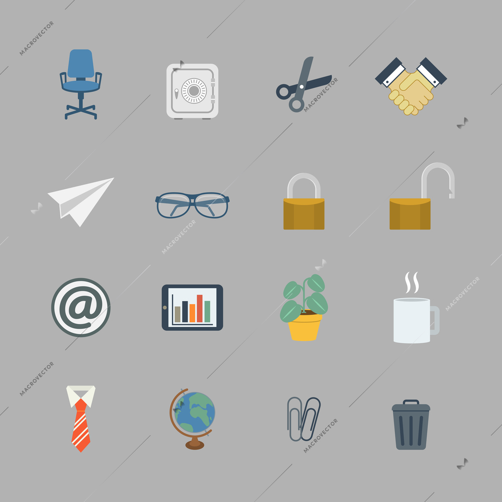 Business collection of flat stationery office supplies color icons isolated vector illustration