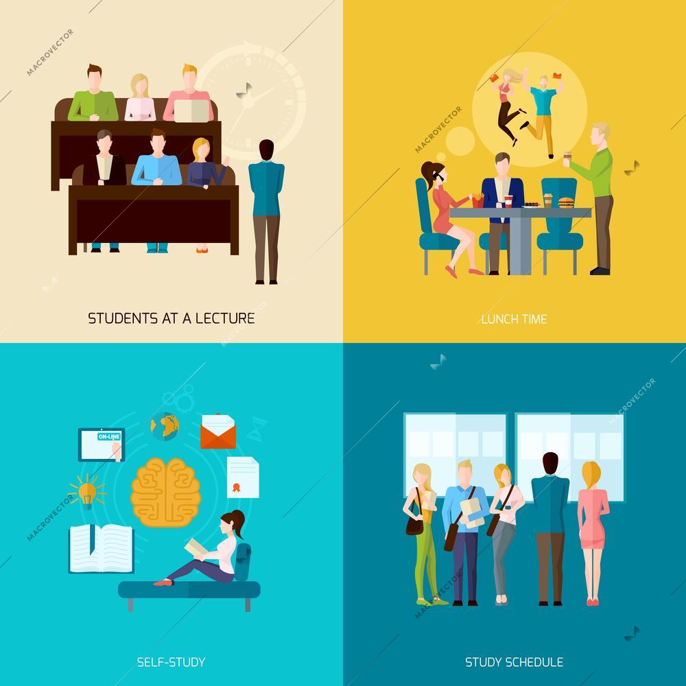 Students design concept set with lecture lunch time self-study schedule flat icons isolated vector illustration