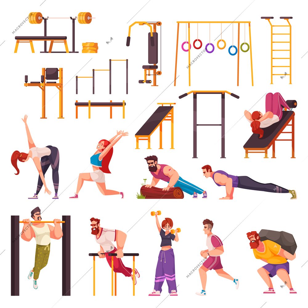Workout cartoon icons set with outdoor sport accessories isolated vector illustration