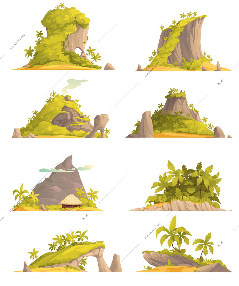 Tropical island cartoon icons set with rocky forest isolated vector illustration