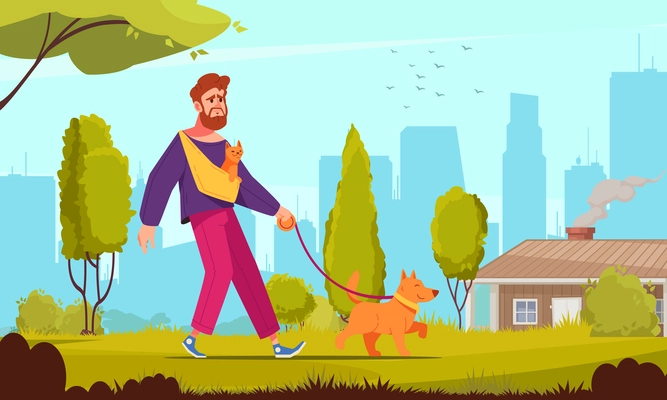 Pet service cartoon poster with man walking dog in park vector illustration