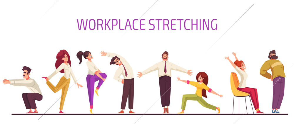 Workout stretches set with poeple in office clothes doing simple exercises isolated vector illustration