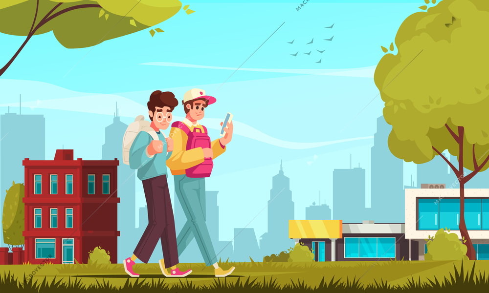 Students cartoon composition with teenagers with backpacks walking by vector illustration