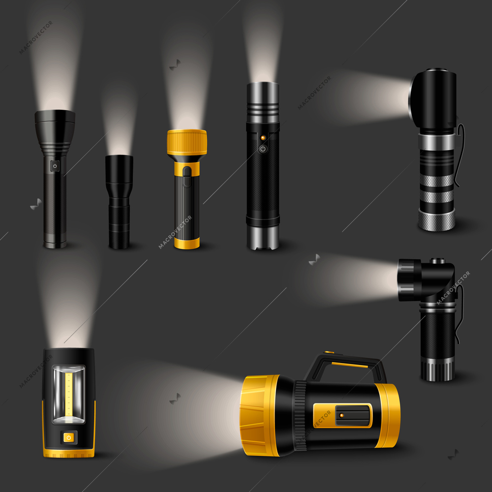 Handheld luminous flashlights of different modifications realistic set on grey background isolated vector illustration