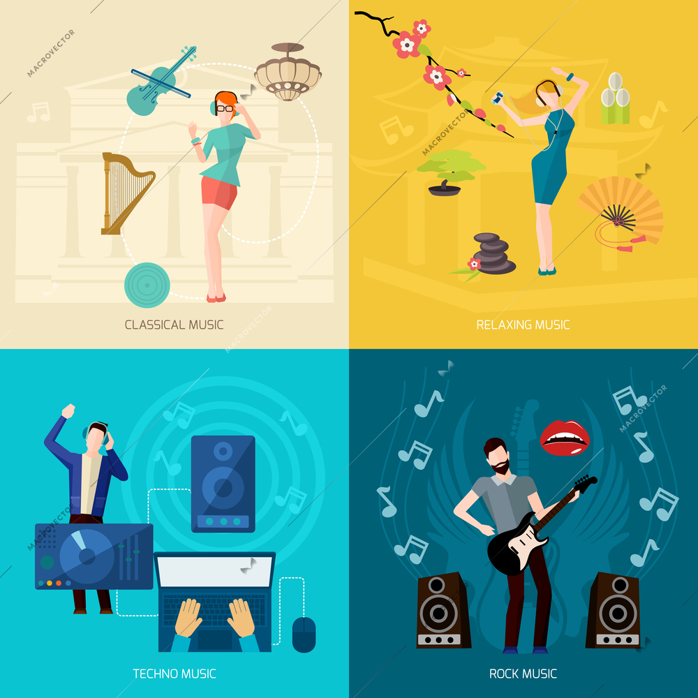 People listening music design concept set with classical relaxing techno rock flat icons isolated vector illustration