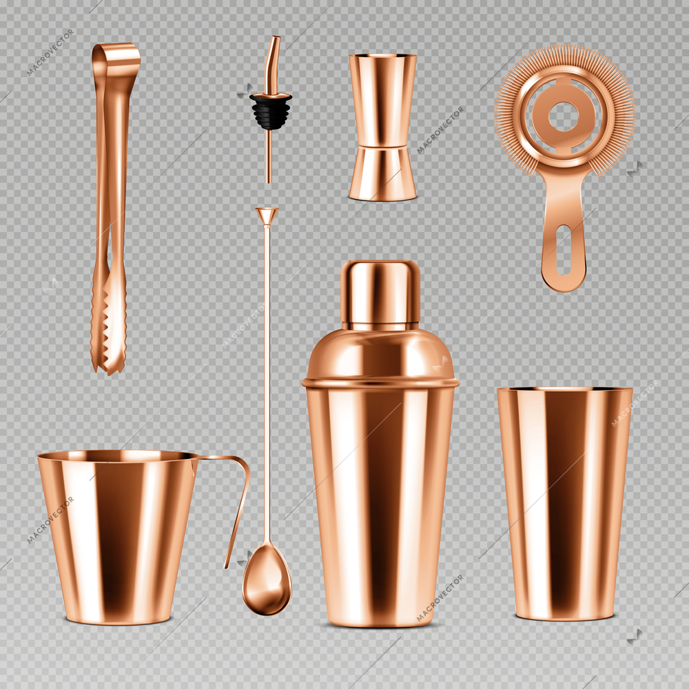 Bar equipment realistic set with shiny metal shaker jigger strainer spoon geyser tongs isolated on transparent background vector illustration