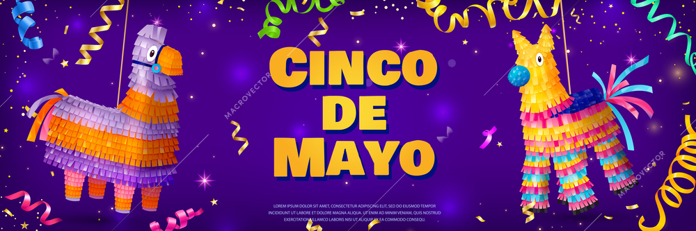 Realistic cinco de mayo holiday poster with colorful mexican pinatas vector illustration