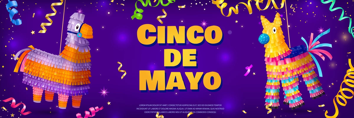 Realistic cinco de mayo holiday poster with colorful mexican pinatas vector illustration