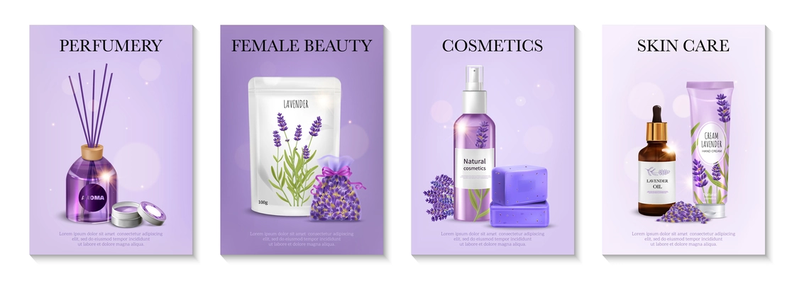 Realistic lavender poster set with skin care products isolated vector illustration